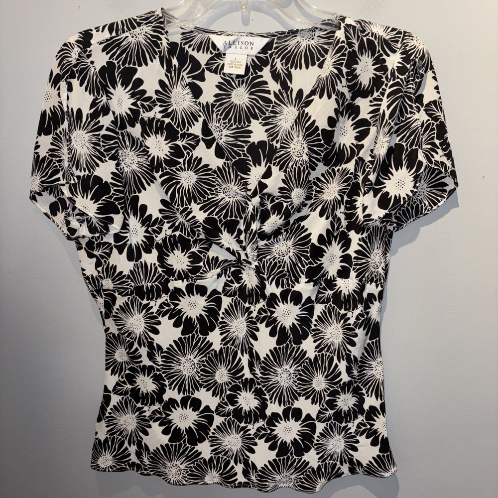 Allison‎ Taylor Black White Floral Babydoll Silk Blouse Women's Size L Career